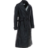 Elegant Longline Women's Leather Trench Coat with Waist Tie Black: awl-trench