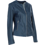 Collarless Ladies Casual Leather Jacket Navy: AWL-1282