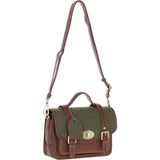 Ashwood Leather & Tweed Medium Satchel Bag with Twist Lock Tan/Green Check: TW-34-010-TGNH