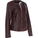 Collarless Ladies Casual Leather Jacket Burgundy: AWL-1282