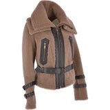 Double Collar Fitted Teddy Sheepskin Flying Jacket Biscuit Brown: KB-770