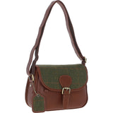 Elegant Ashwood Leather & Tweed Crossbody Bag Tan/Green Check: TW-27-010-TGNH