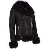 Womens Long Curly Sheepskin Suede Pilot Jacket Black: P-36