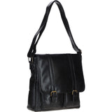 Leather Messenger Bag with Front Buckle Pockets Black: TL-007