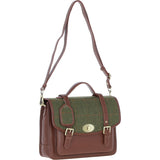 Ashwood Leather & Tweed Large Satchel Bag with Twist Lock Tan/Green Check: TW-35-10-TGNH