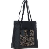 Black Leather Shoulder Bag with Leopard Print Pocket: ELA 1128