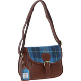 Elegant Ashwood Leather & Harris Tweed® Cloth Crossbody Bag Tan/LT Blue: TW-27-05-TB