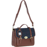 Ashwood Leather & Harris Tweed® Cloth Large Satchel Bag with Twist Lock Tan/Navy: TW-35-11-TN