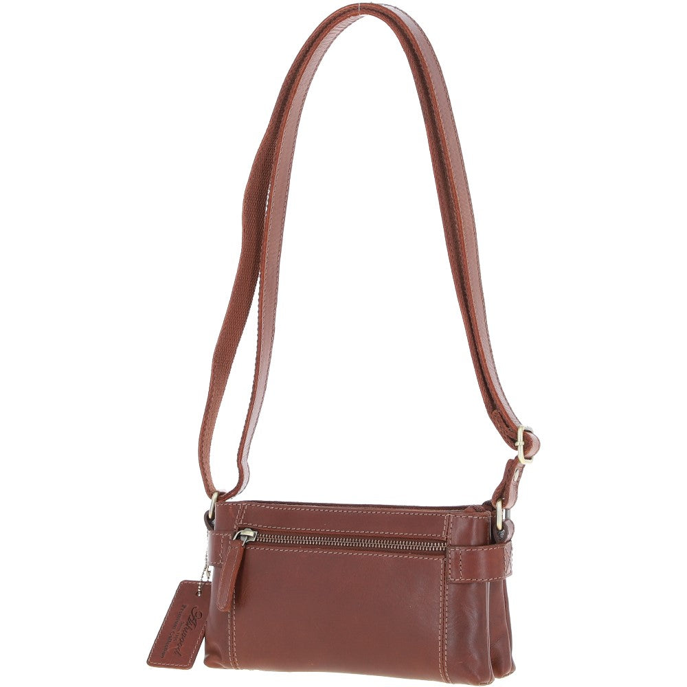 Two Section Zip Top Leather Crossbody Bag Chestnut: K-44