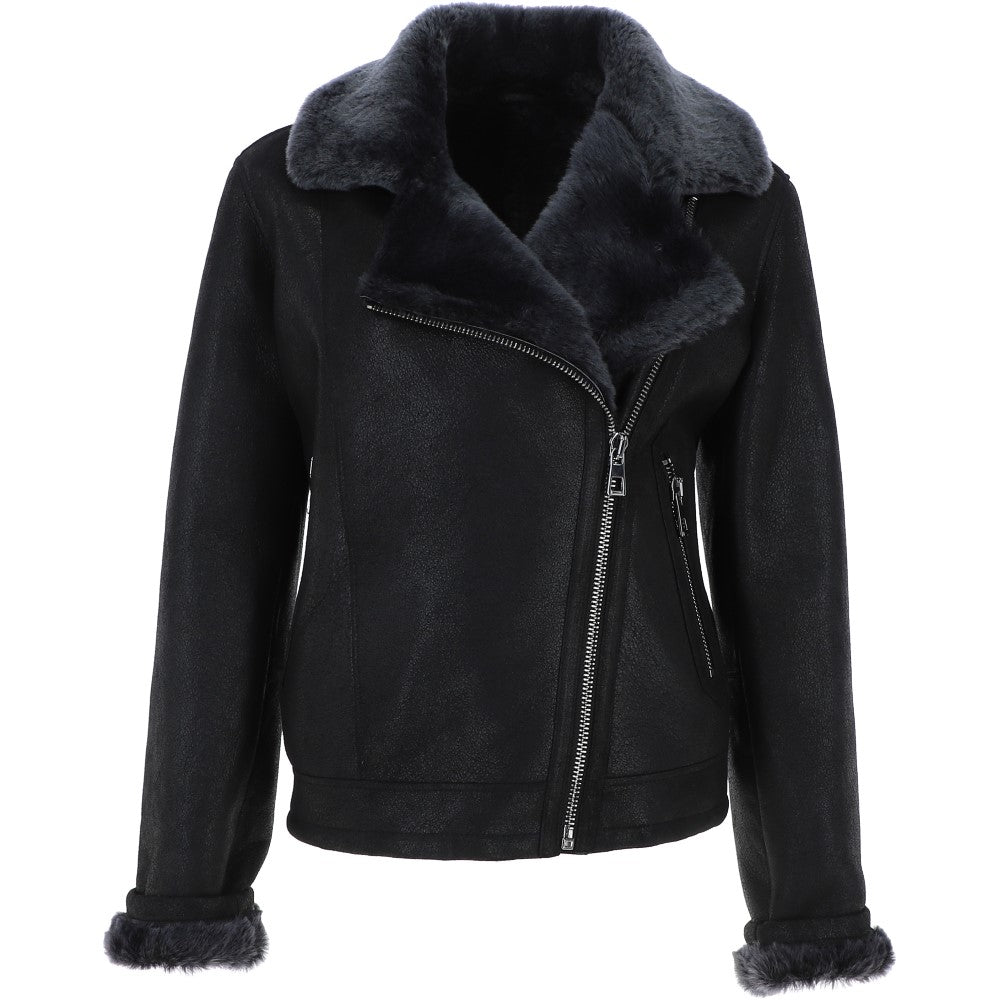 Womens Luxury Shearling Aviator Jacket Black/brissa: KB 874