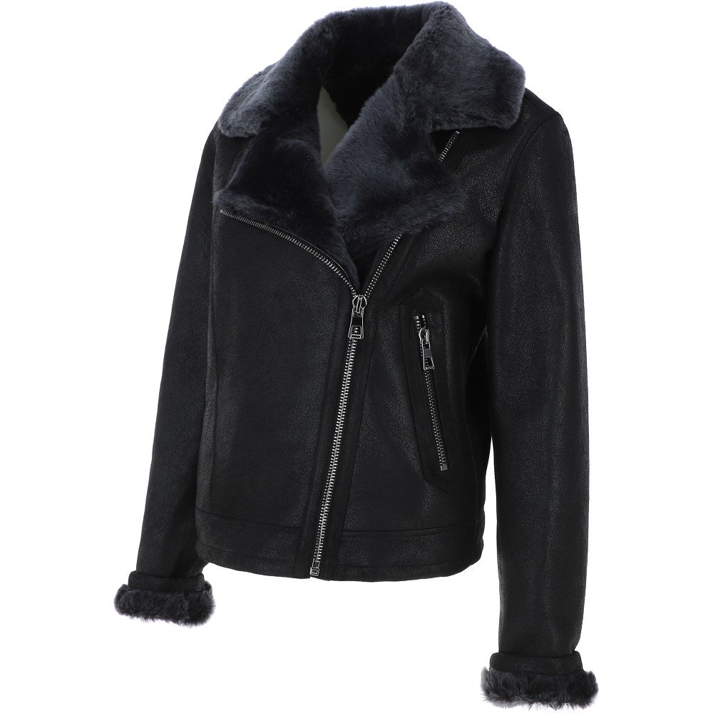 Womens Luxury Shearling Aviator Jacket Black/brissa: KB 874