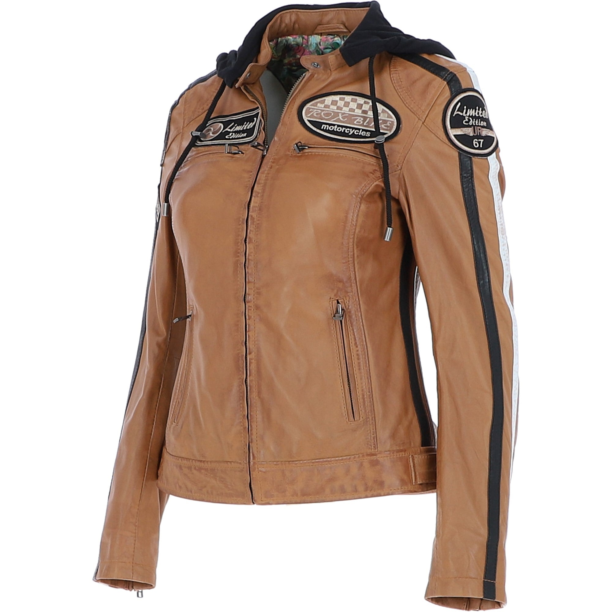 Women's Detachable Hood Leather Biker Jacket Cognac: L-Nirma