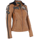 Women's Detachable Hood Leather Biker Jacket Cognac: L-Nirma