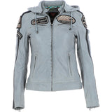 Women's Detachable Hood Leather Biker Jacket Grey: L-Nirma