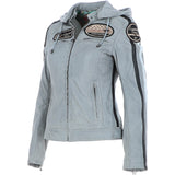 Women's Detachable Hood Leather Biker Jacket Grey: L-Nirma