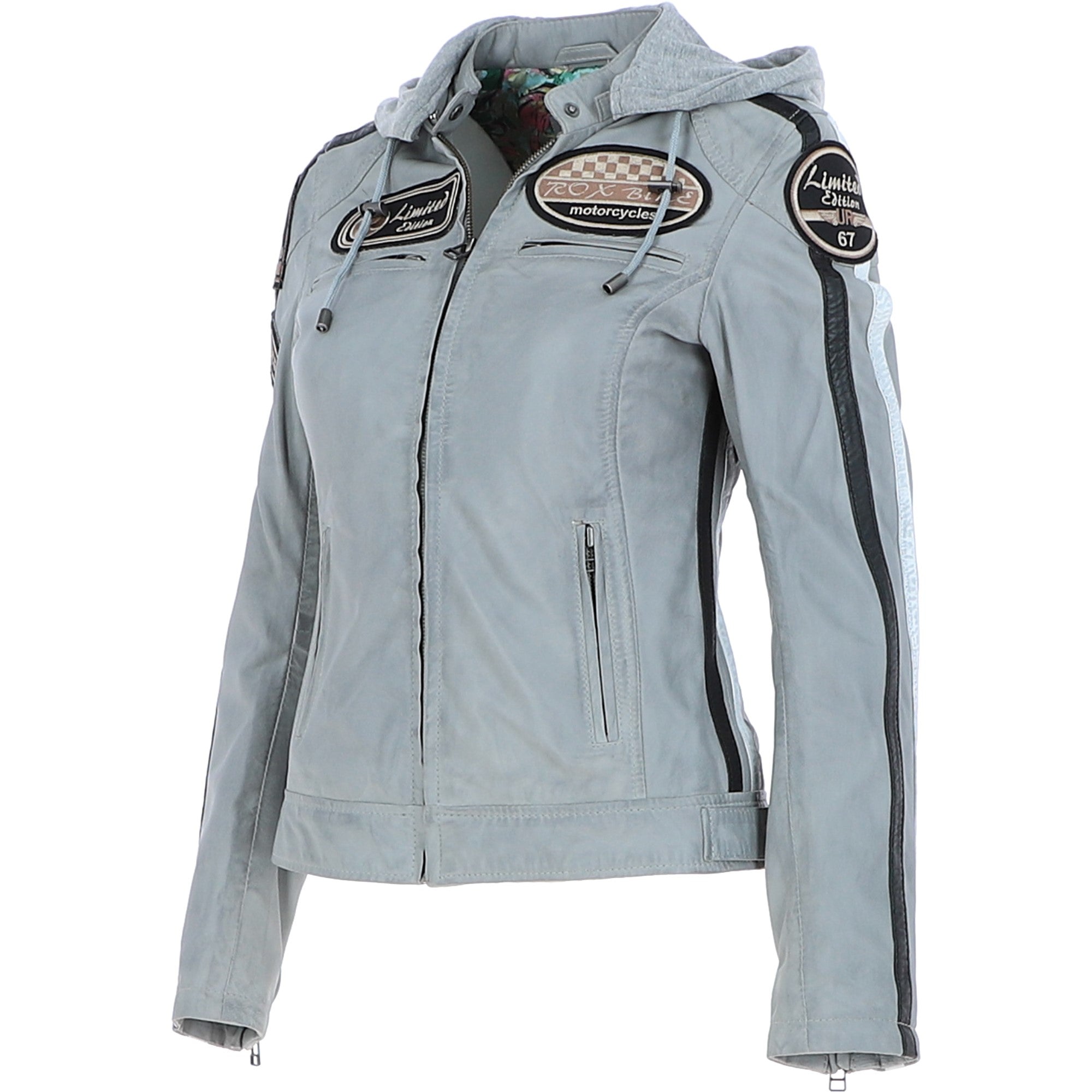Women's Detachable Hood Leather Biker Jacket Grey: L-Nirma