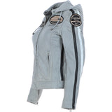 Women's Detachable Hood Leather Biker Jacket Grey: L-Nirma