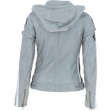 Women's Detachable Hood Leather Biker Jacket Grey: L-Nirma