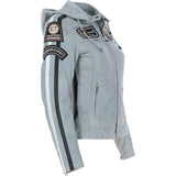 Women's Detachable Hood Leather Biker Jacket Grey: L-Nirma