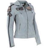 Women's Detachable Hood Leather Biker Jacket Grey: L-Nirma
