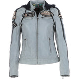 Women's Detachable Hood Leather Biker Jacket Stone: L-Nirma