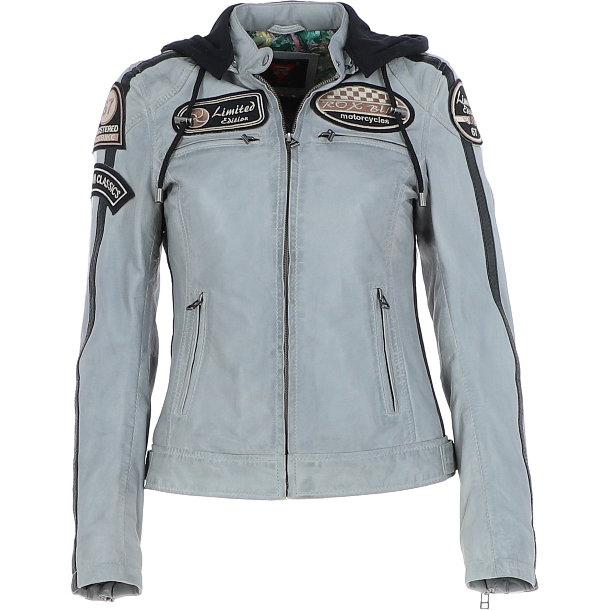Women's Detachable Hood Leather Biker Jacket Stone: L-Nirma