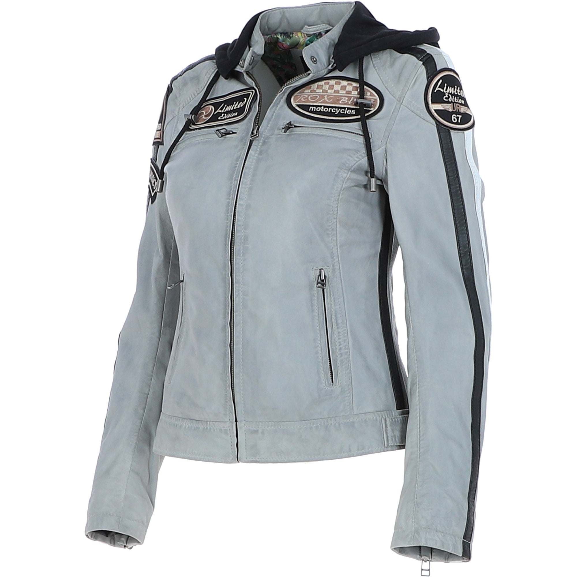 Women's Detachable Hood Leather Biker Jacket Stone: L-Nirma
