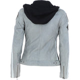 Women's Detachable Hood Leather Biker Jacket Stone: L-Nirma