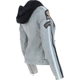 Women's Detachable Hood Leather Biker Jacket Stone: L-Nirma
