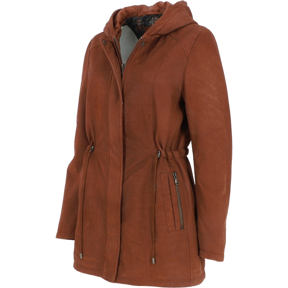 Fenland Women's Nubuck Leather Hooded Coat Rust:  Maisie