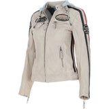 Women's Detachable Hood Leather Biker Jacket Beige: Nirma