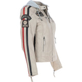Women's Detachable Hood Leather Biker Jacket Beige: Nirma