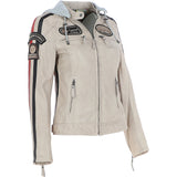 Women's Detachable Hood Leather Biker Jacket Beige: Nirma