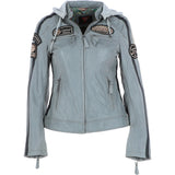 Women's Detachable Hood Leather Biker Jacket Grey: Nirma