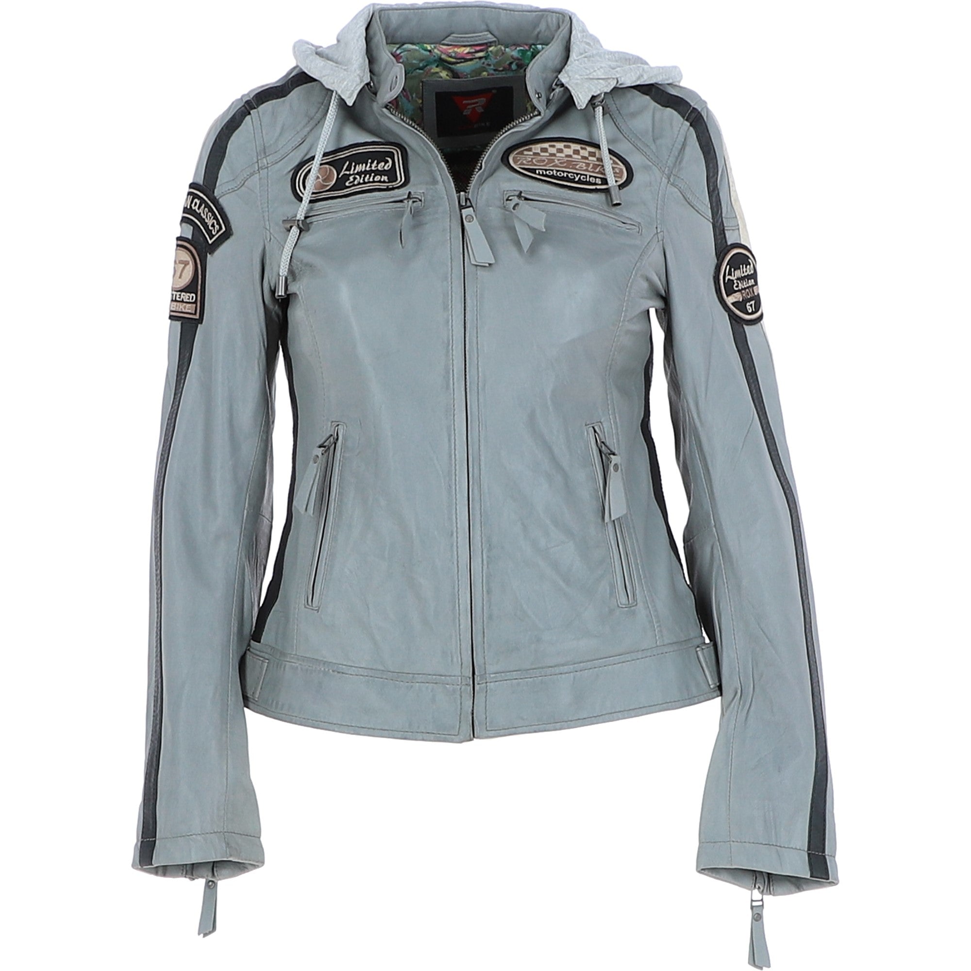 Women's Detachable Hood Leather Biker Jacket Grey: Nirma