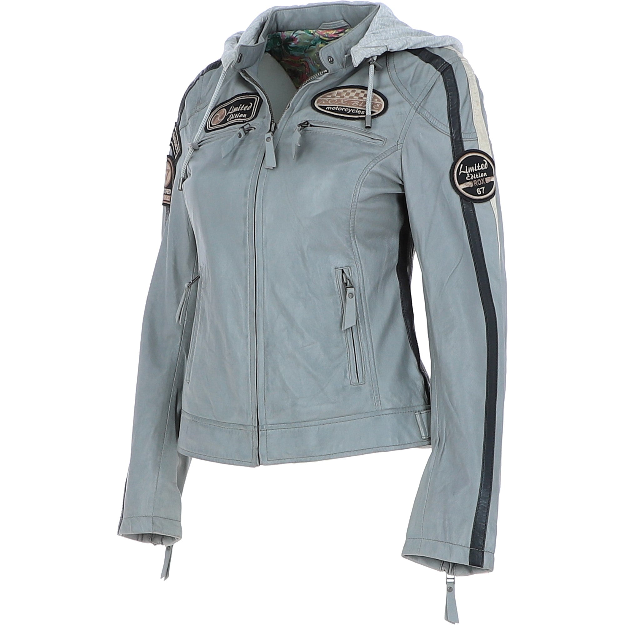 Women's Detachable Hood Leather Biker Jacket Grey: Nirma