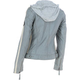 Women's Detachable Hood Leather Biker Jacket Grey: Nirma