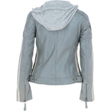 Women's Detachable Hood Leather Biker Jacket Grey: Nirma