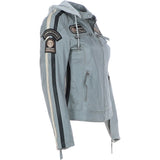 Women's Detachable Hood Leather Biker Jacket Grey: Nirma