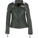 Women's Detachable Hood Leather Biker Jacket Green: Nirma