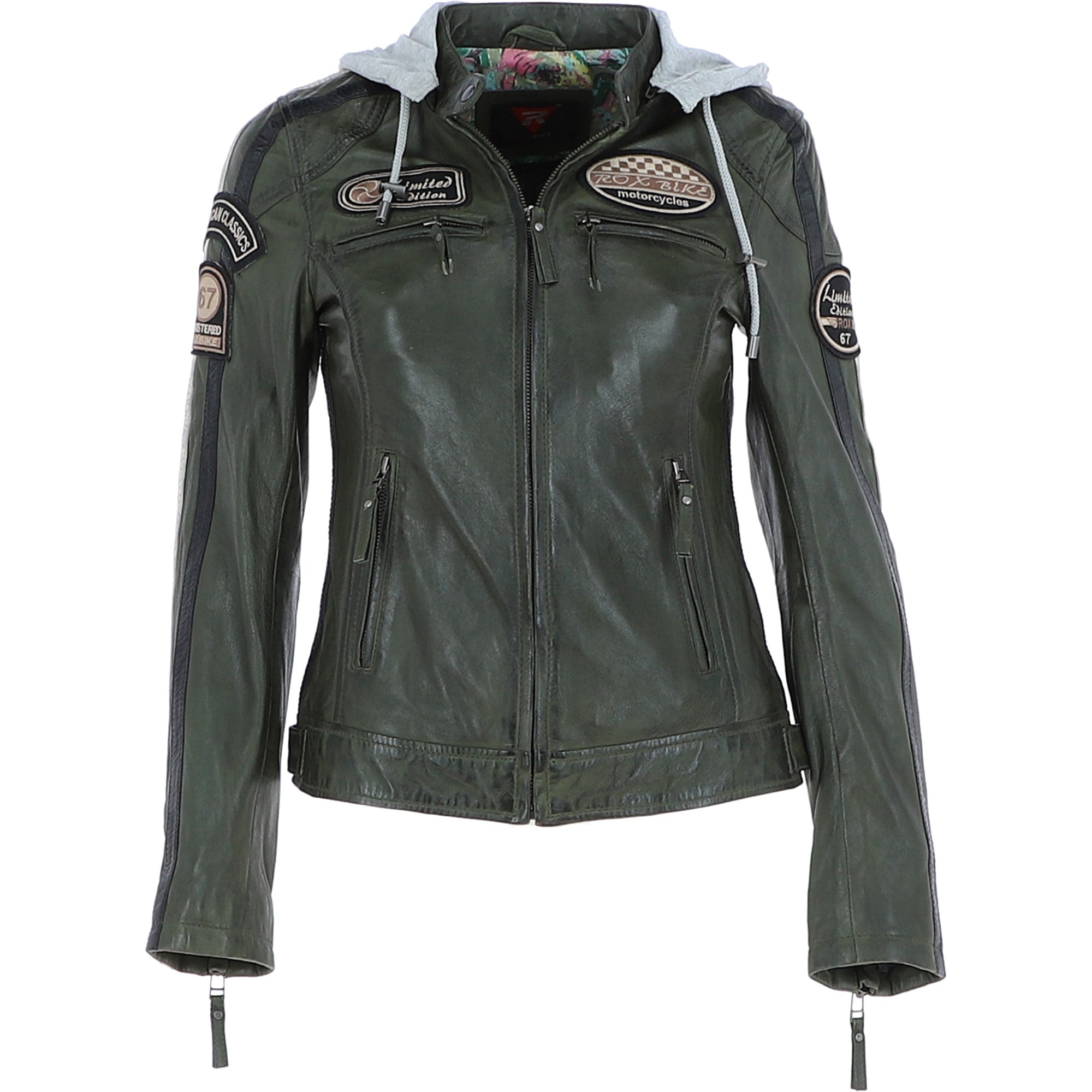 Women's Detachable Hood Leather Biker Jacket Green: Nirma