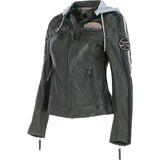 Women's Detachable Hood Leather Biker Jacket Green: Nirma