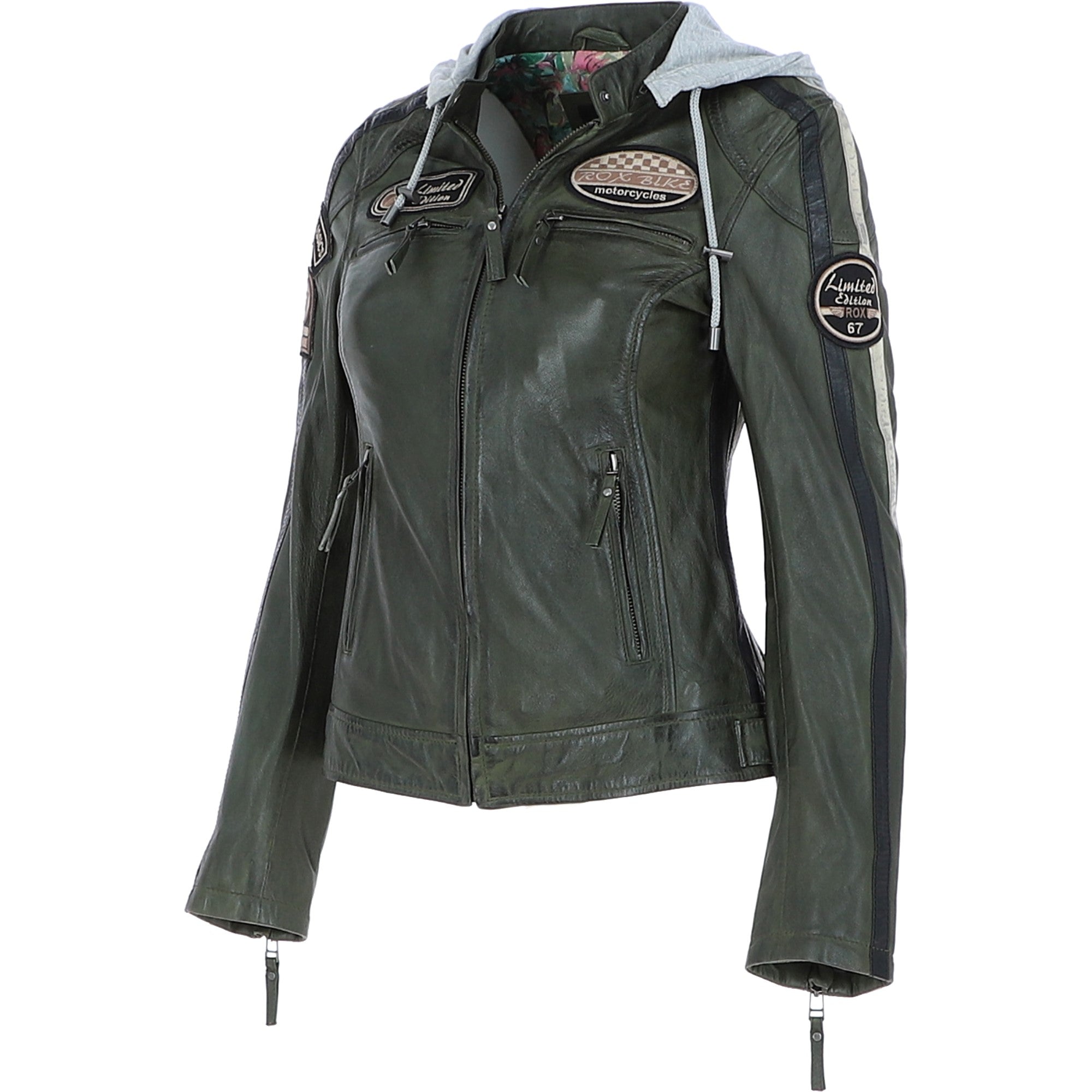 Women's Detachable Hood Leather Biker Jacket Green: Nirma