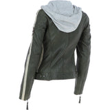 Women's Detachable Hood Leather Biker Jacket Green: Nirma