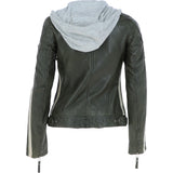 Women's Detachable Hood Leather Biker Jacket Green: Nirma