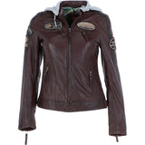 Women's Detachable Hood Leather Biker Jacket Oxblood: Nirma