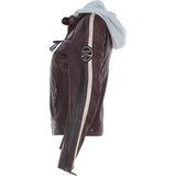 Women's Detachable Hood Leather Biker Jacket Oxblood: Nirma