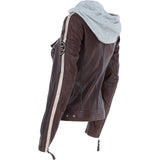 Women's Detachable Hood Leather Biker Jacket Oxblood: Nirma