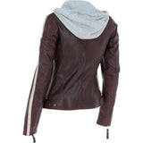 Women's Detachable Hood Leather Biker Jacket Oxblood: Nirma