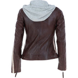 Women's Detachable Hood Leather Biker Jacket Oxblood: Nirma